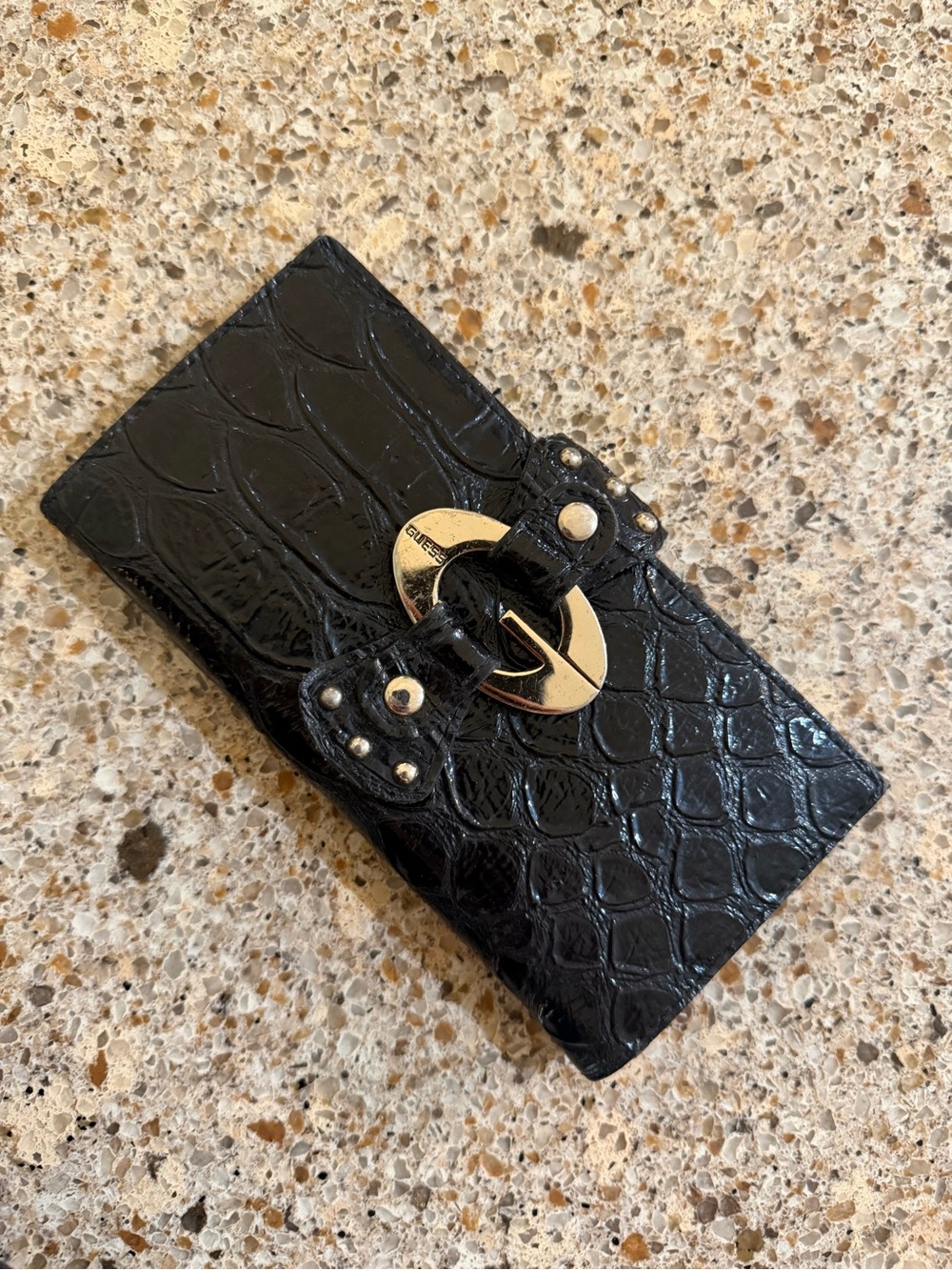 Guess by Marciano Black Croc-Embossed Card Holder with Gold Hardware